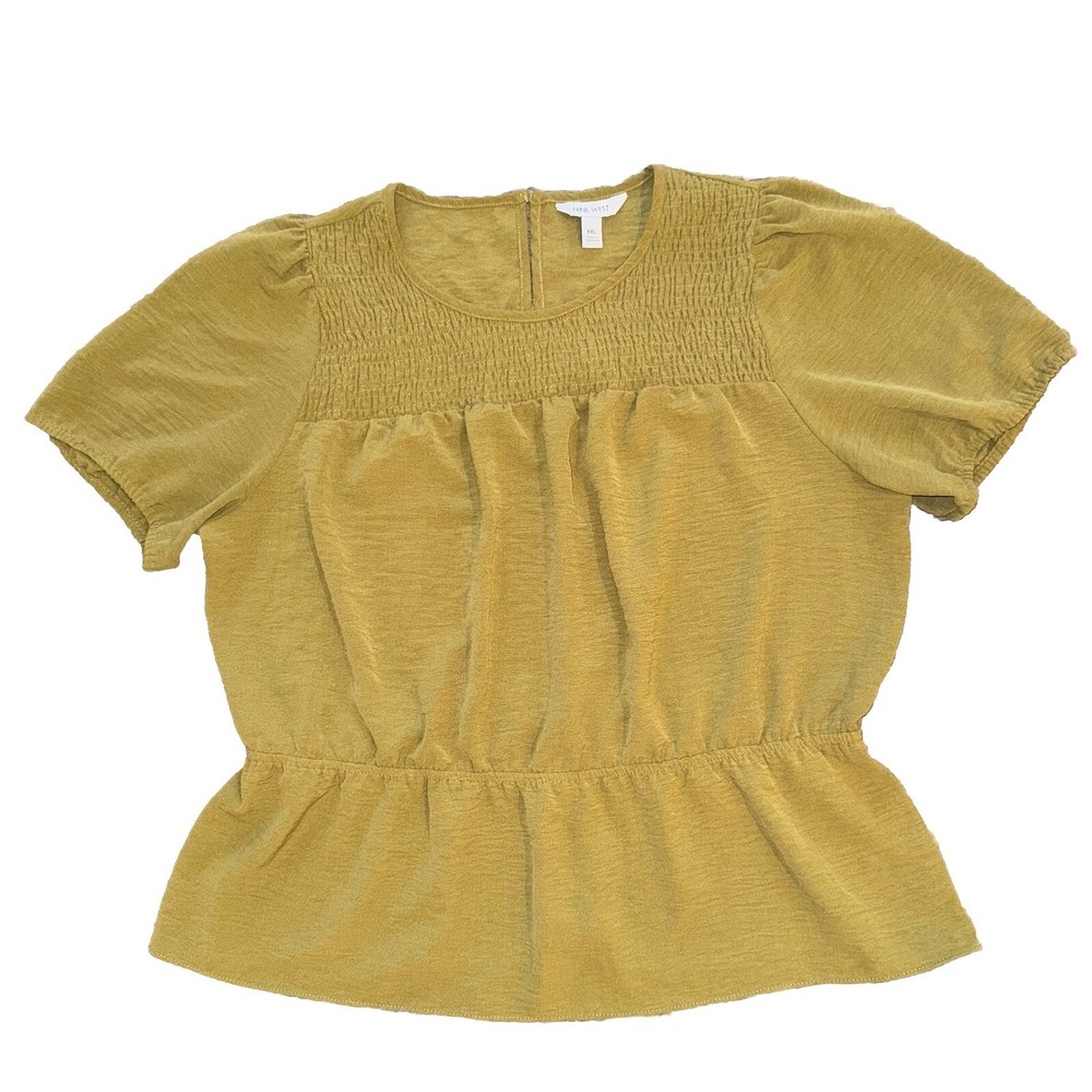 Nine West PinTuck Khaki Green Puff Sleeve Top XXL Babydoll Y2K Summer Top